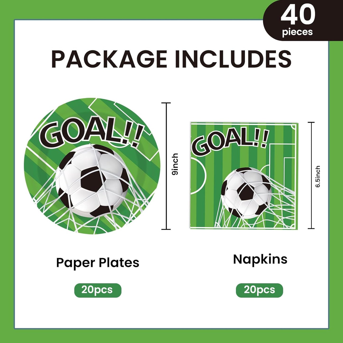 40PCS Soccer Paper Plates and Napkins Party Supplies, Disposable Soccer Party Tableware Set for 20 Guests