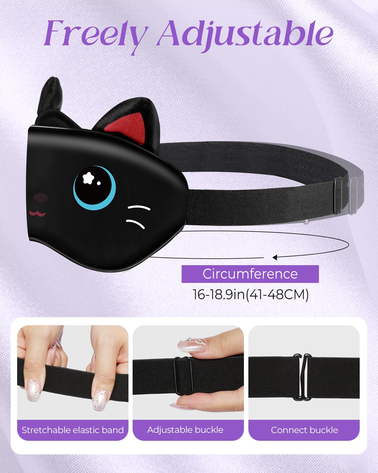Miss Adola Sleep Mask for Kids - Valentines Gift for Kids Cute Silk Eye Cover for Sleeping Soft Kawaii Eyeshade Animal Eye Blindfold with Adjustable Strap for Girls Teens, Black Cat