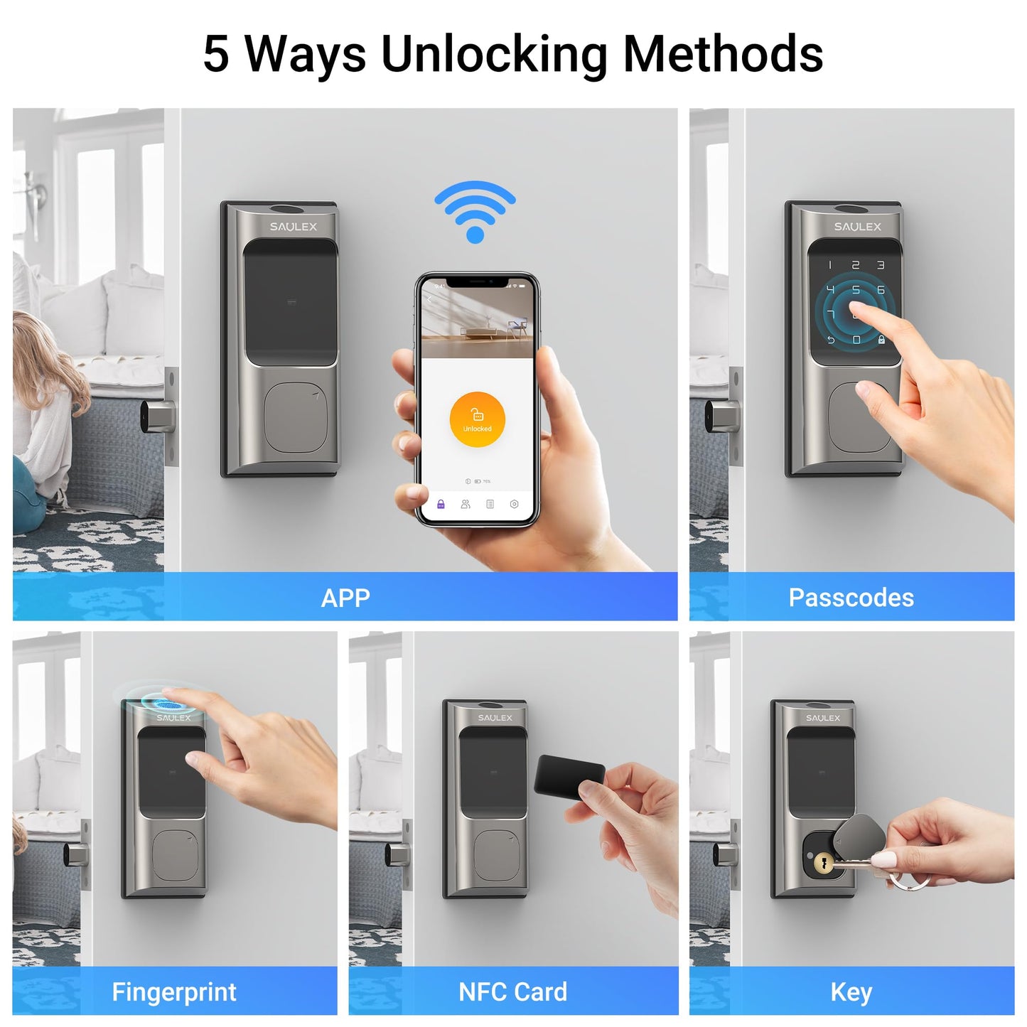 Saulex DB02 WiFi Smart Lock with Fingerprint (No Gateway Required),5-in-1 Keyless Entry Front Deadbolt, App Remote Control, Easy Installation,Auto-Lock.
