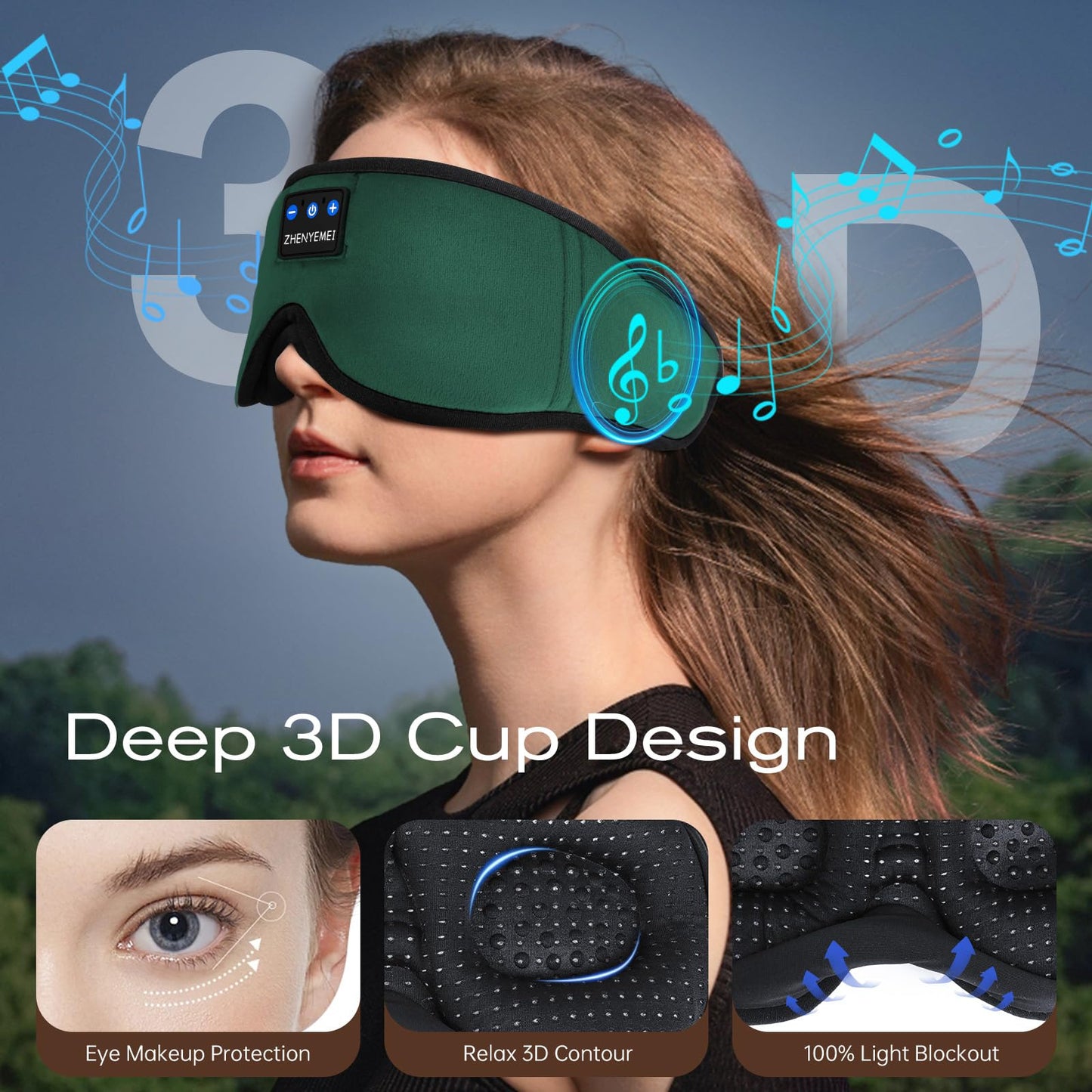 ZHENYEMEI 3D Sleep Mask with Bluetooth Headphones, Sleeping Headphones for Side Sleepers, Wireless Music Eye Mask with Ultra-Thin Stereo Speakers for Men, Women, Tech Gifts, Deep Green