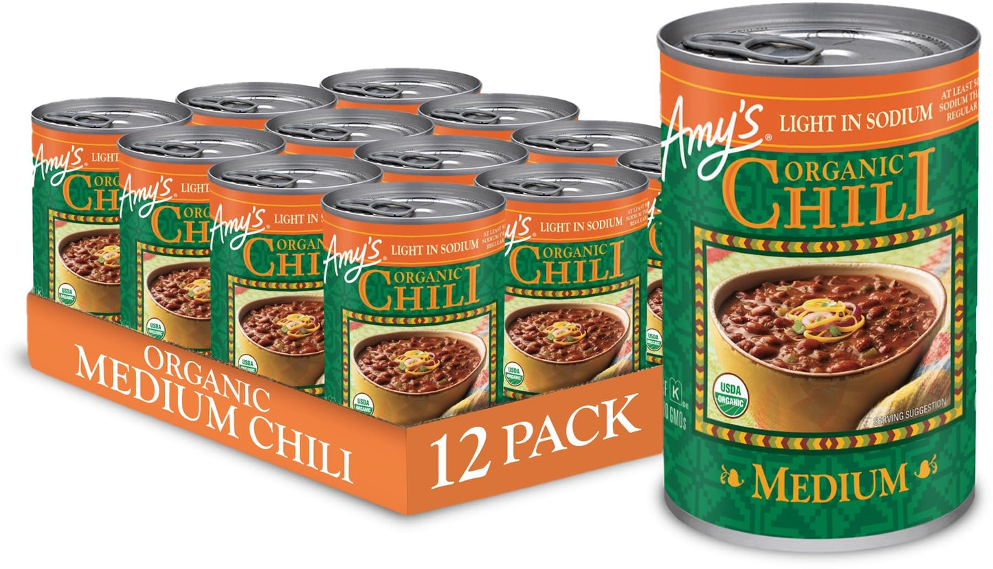 Amy S Organic Chili, Vegan Medium Chili, Light In Sodium, Gluten Free, Made With Organic Red Beans And Tofu, 14.7 Oz (12 Pack)