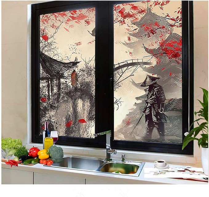 Vintage Japanese Samurai Air Window Film Watercolor Ink Ancient Cherry Blossom Red Sunblackout Window Film,Playroom Window Film 17.7Wx23.6L-Inch X2Pcs