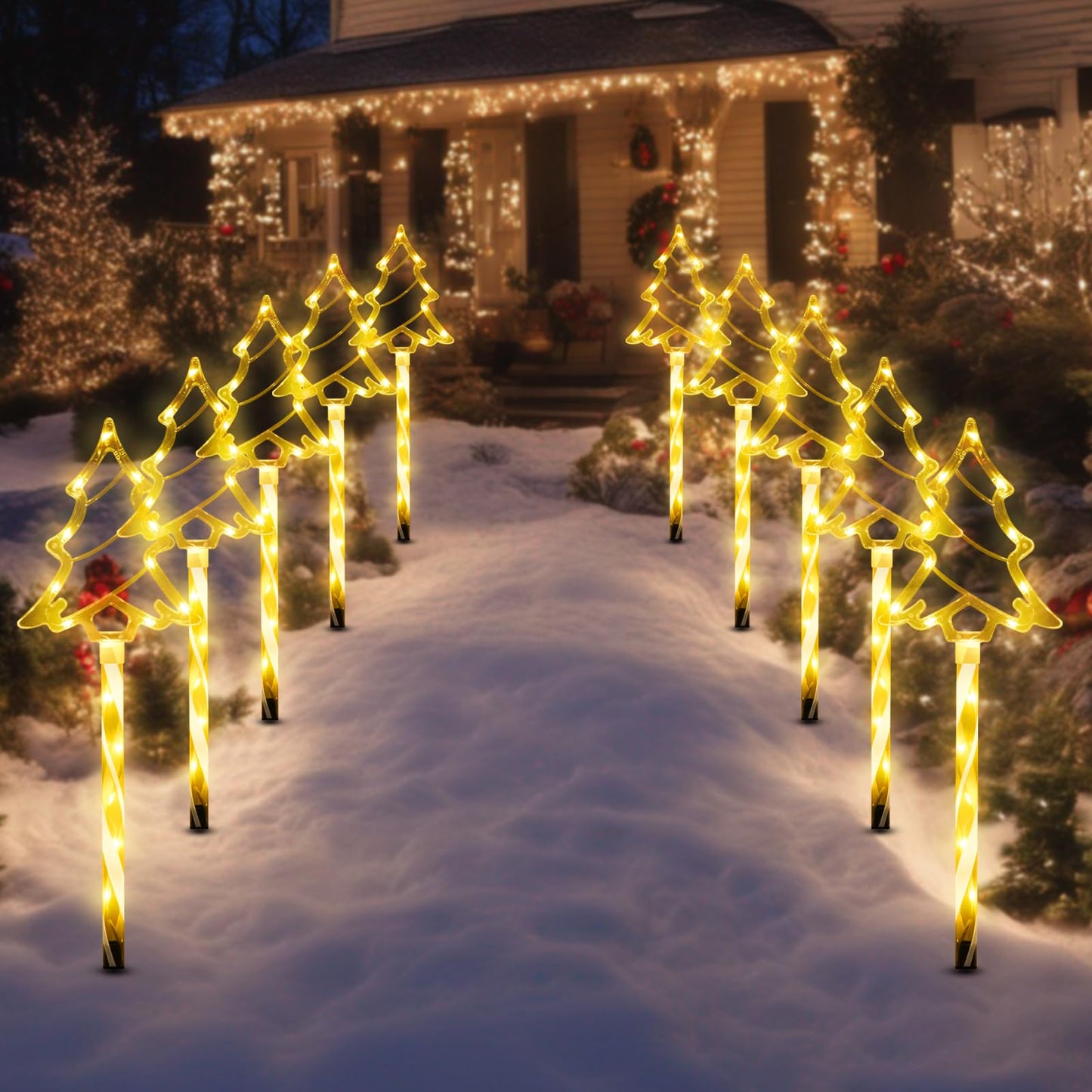 Christmas Solar Pathway Lights Outdoor Decorations  8 Modes Xmas Tree Candy Lights Waterproof Led Garden Stake Light For Walkway Yard Lawn Porch Holiday Decor 5-Pack (Yellow Tube Tree  5 Pack)