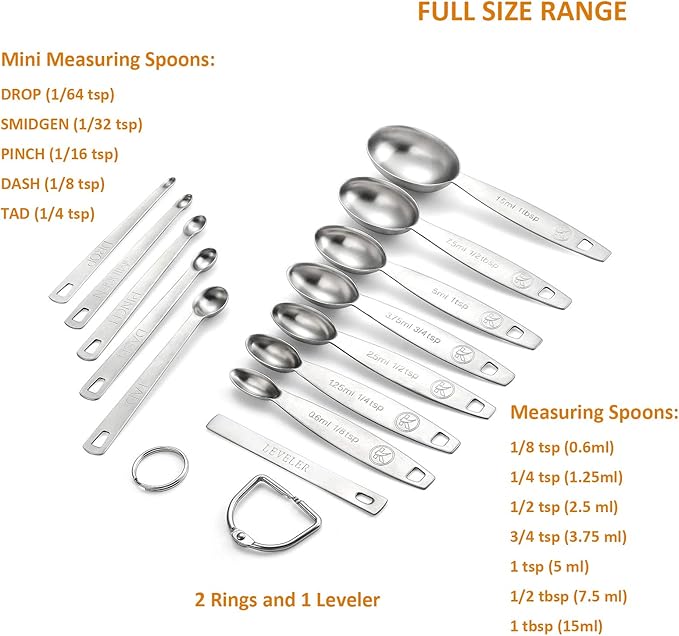 18/8 Stainless Steel Measuring Spoons Set - 13 Piece, Includes 7 Oval, 1 Leveler and 5 Mini Spoons, Fits Spice Jar