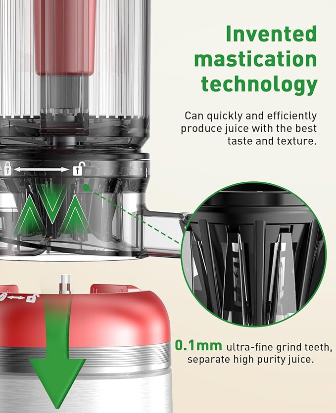 Cold Press Juicer Machines with Wide Feed Chute, Slow Masticating Juicer Maker for Whole Vegetables & Fruits, High Juice Yield, Easy to Clean, Large Auger Extractor, Red