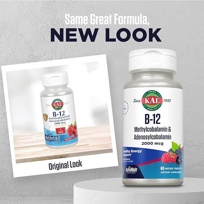 KAL Vitamin B12 Methylcobalamin and Adenosylcobalamin 2000 mcg ActivMelt, B12 Energy Supplements, Metabolism, Nerve, Red Blood Cell Support, High Absorption, Natural Berry, 60 Serv, 60 Micro Tablets