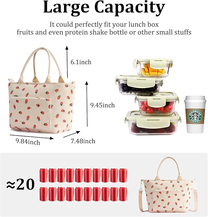 Lunch Bag for Women Adult Large Insulated Lunch Box Girl Cute Corduroy Lunch Tote Bags Reusable Leakproof Cooler Work Picnic