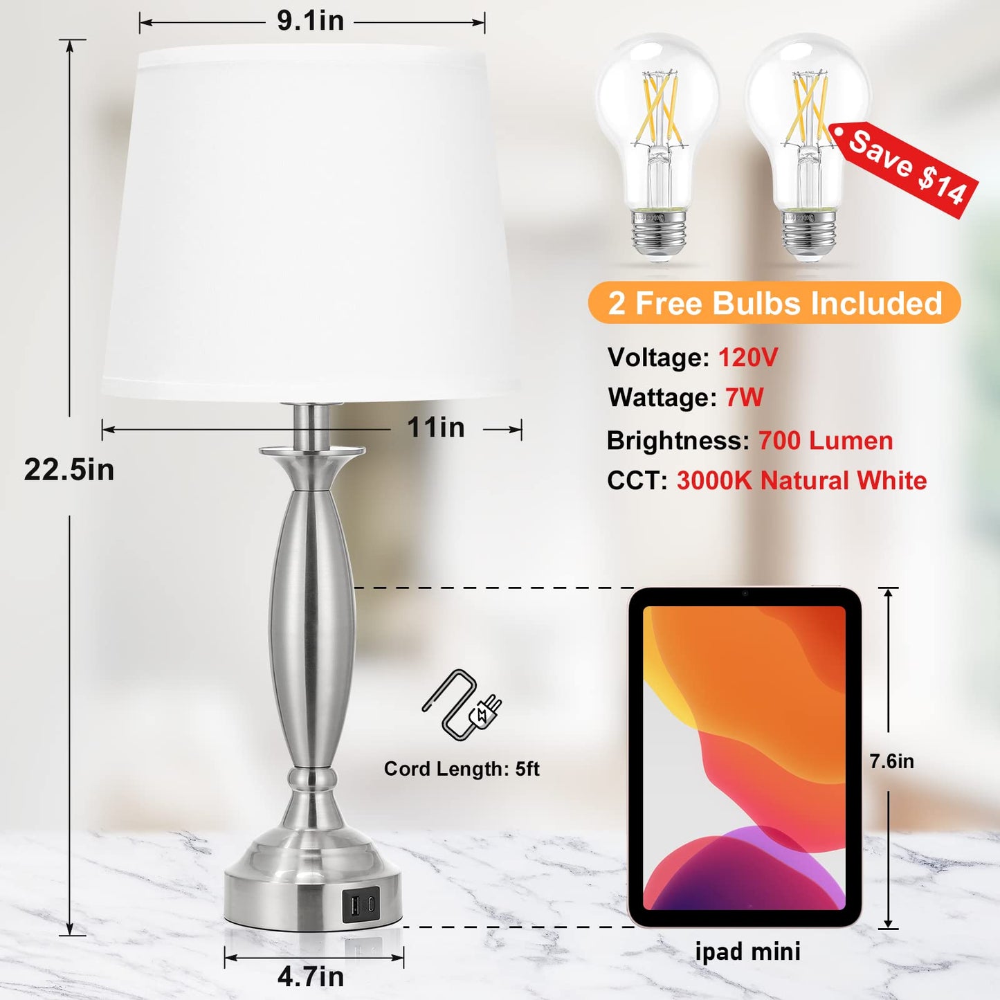 Seealle Touch Control Bedside Lamps Set of 2, 3-Way Dimmable, USB Ports, 22.5in, White Shade and Nickel Base