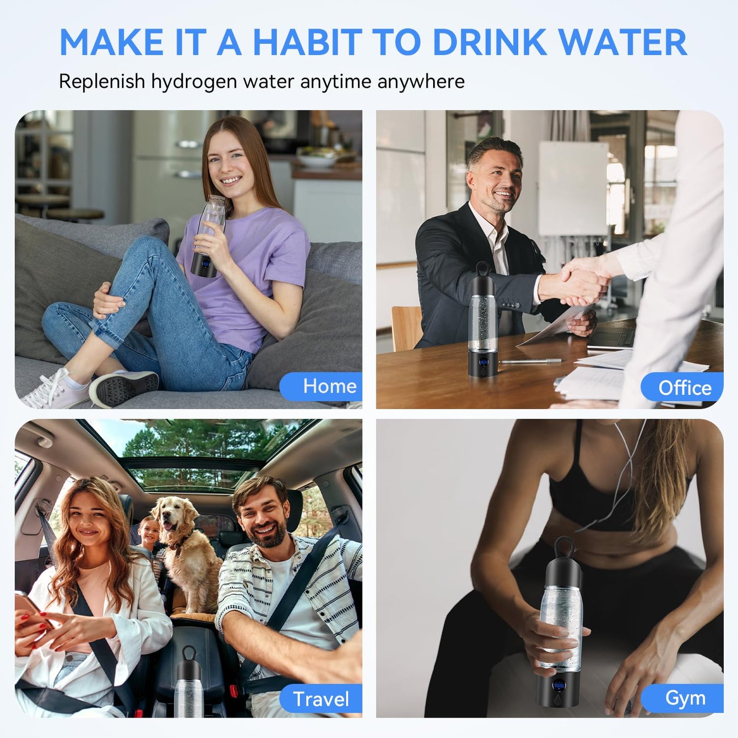 Hydrogen Water Bottle,Portable Hydrogen Water Bottle Generator with Three Modes Produces 5000 PPB of Hydrogen Water in 8 Minutes,Aluminium and Glass,with Light,Rechargeable for Travel,Office