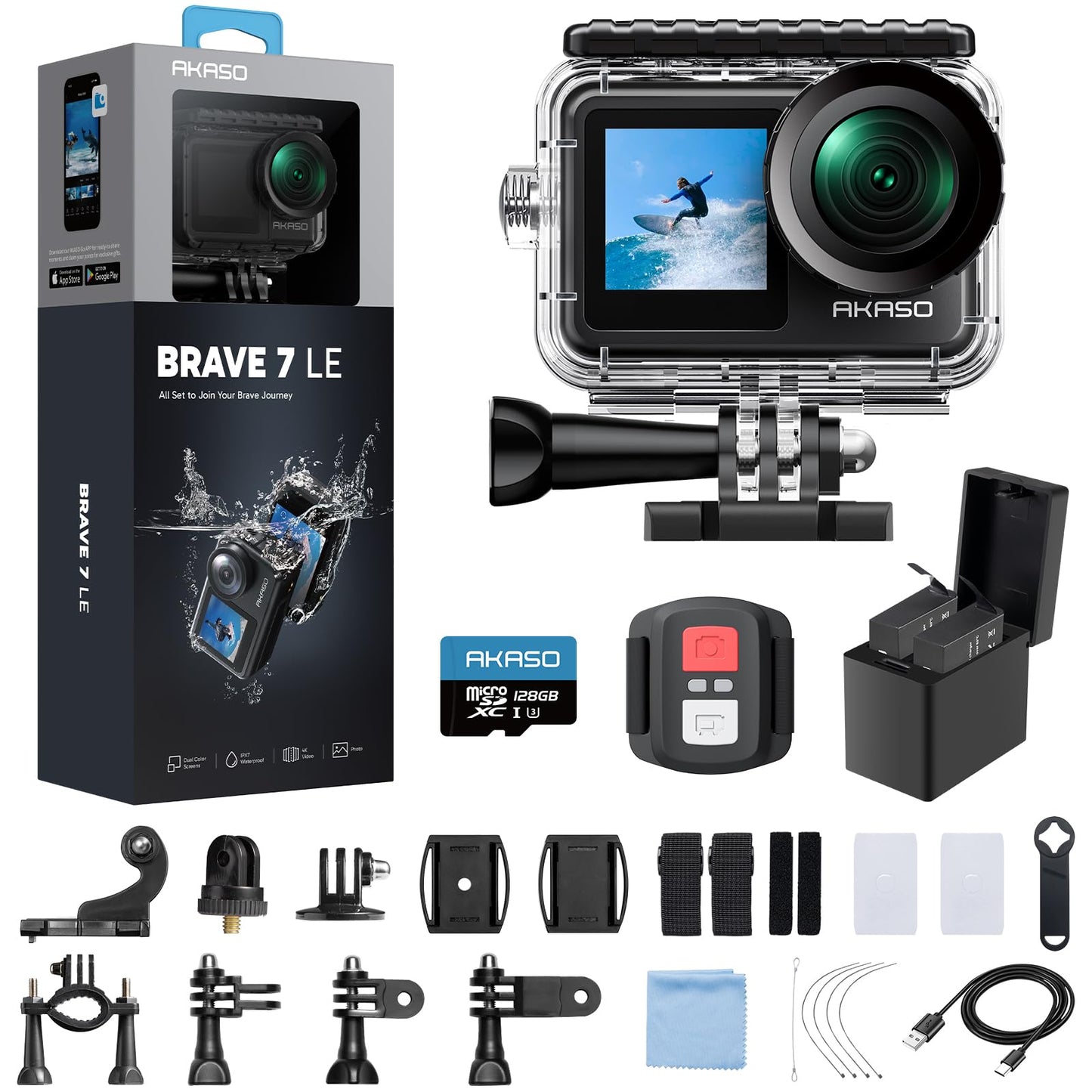 Akaso Brave 7 Le 4K30Fps Action Camera With 128Gb Microsdxc U3 Memory Card Accessories Kit Bundle Ultra Hd 131Ft Waterproof Came