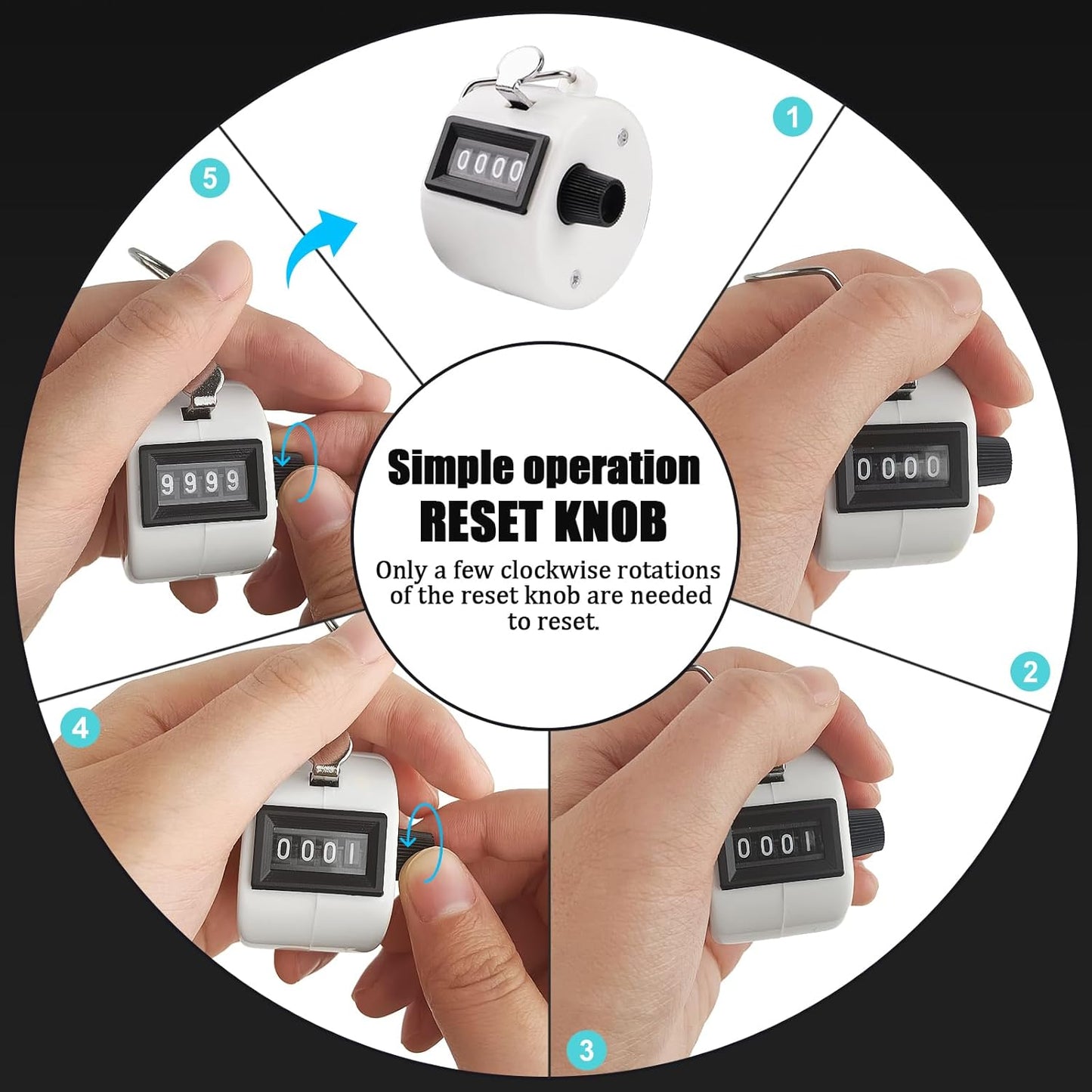 3 Pack Hand Tally Clicker Counter 4 Digit Display Mechanical Palm with Metal Finger Ring for Coaching, Knitting, Lap, Fishing, Golf and Row Sport with 2-Nylon Lanyard (Black White Silver)