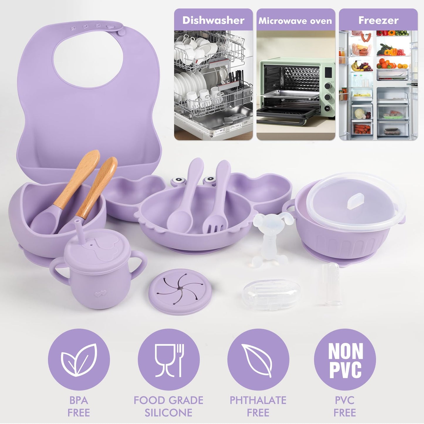 Silicone Baby Feeding Set 15 Pcs，Baby Spoons Suction Bowl Divided Plate Bib Cup Finger Brush Training cups,Baby Led Weaning Supplies,Baby Plates，Toddler Feeding Plates and Bowls Set（purple）