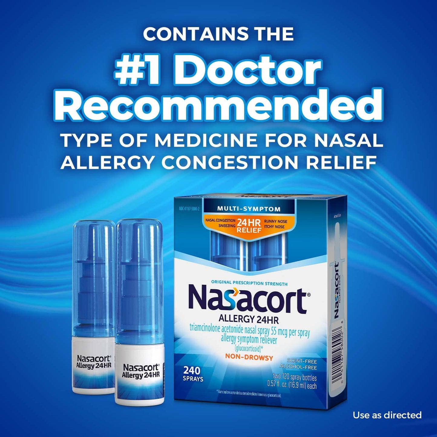 Nasacort 24HR Allergy Nasal Spray for Adults, Non-drowsy & Alcohol Free, 240 Sprays, 0.57 fl.oz. 2Ct