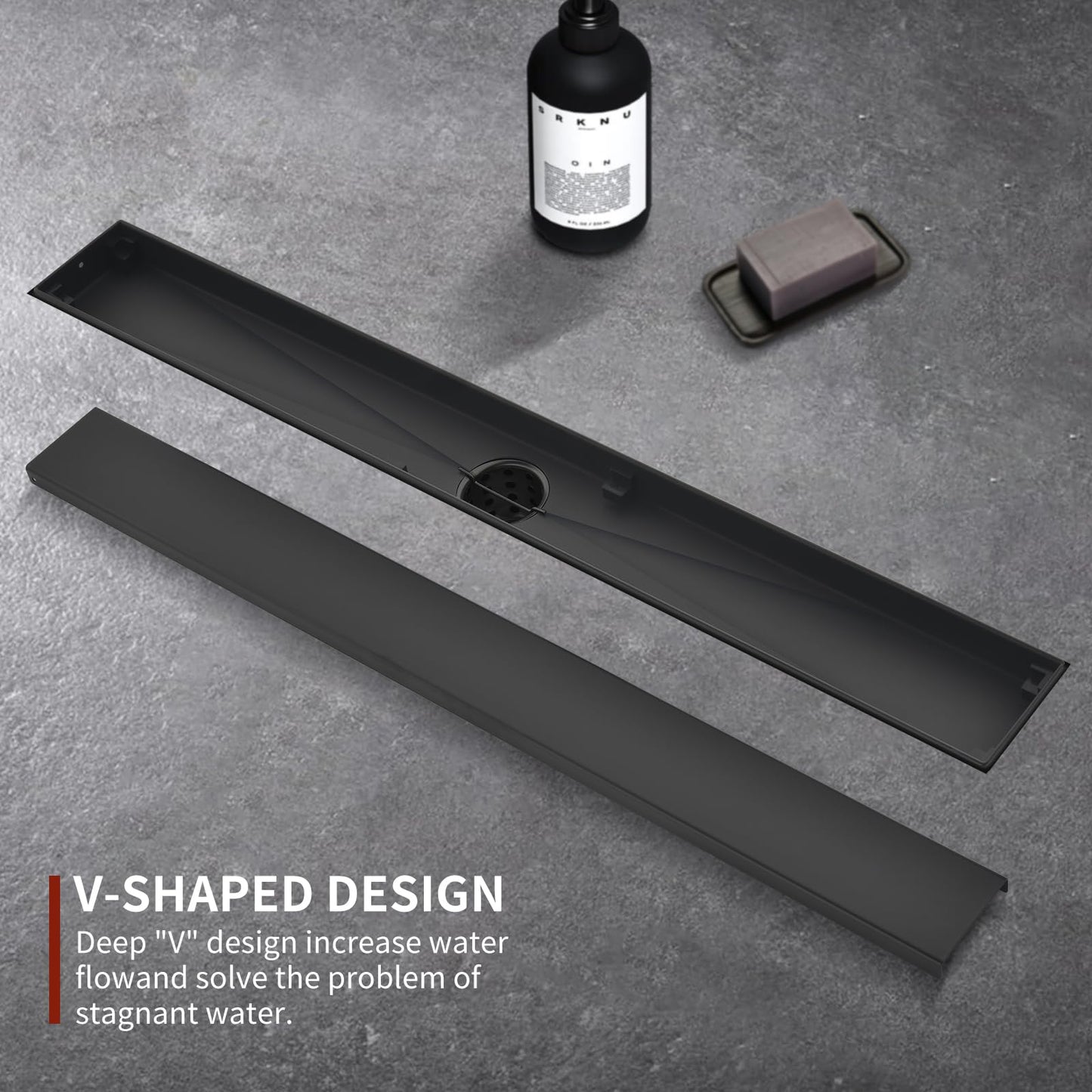 Kuaisailsk Linear Shower Drain with Tile Insert Panels, 24 Inch Black 304 Stainless Steel Rectangle Shower Floor Drain, with Hair Catcher, Adjustable Feet, Fits Bathroom, Balcony