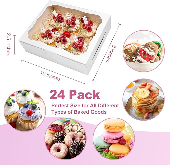 24pcs10x8x2.5 Inch White Bakery Boxes Treat Boxes with Window for Pastry, Cookie, Desserts, Chocolate Strawberries, Pies, Donuts, Muffins,Cupcake