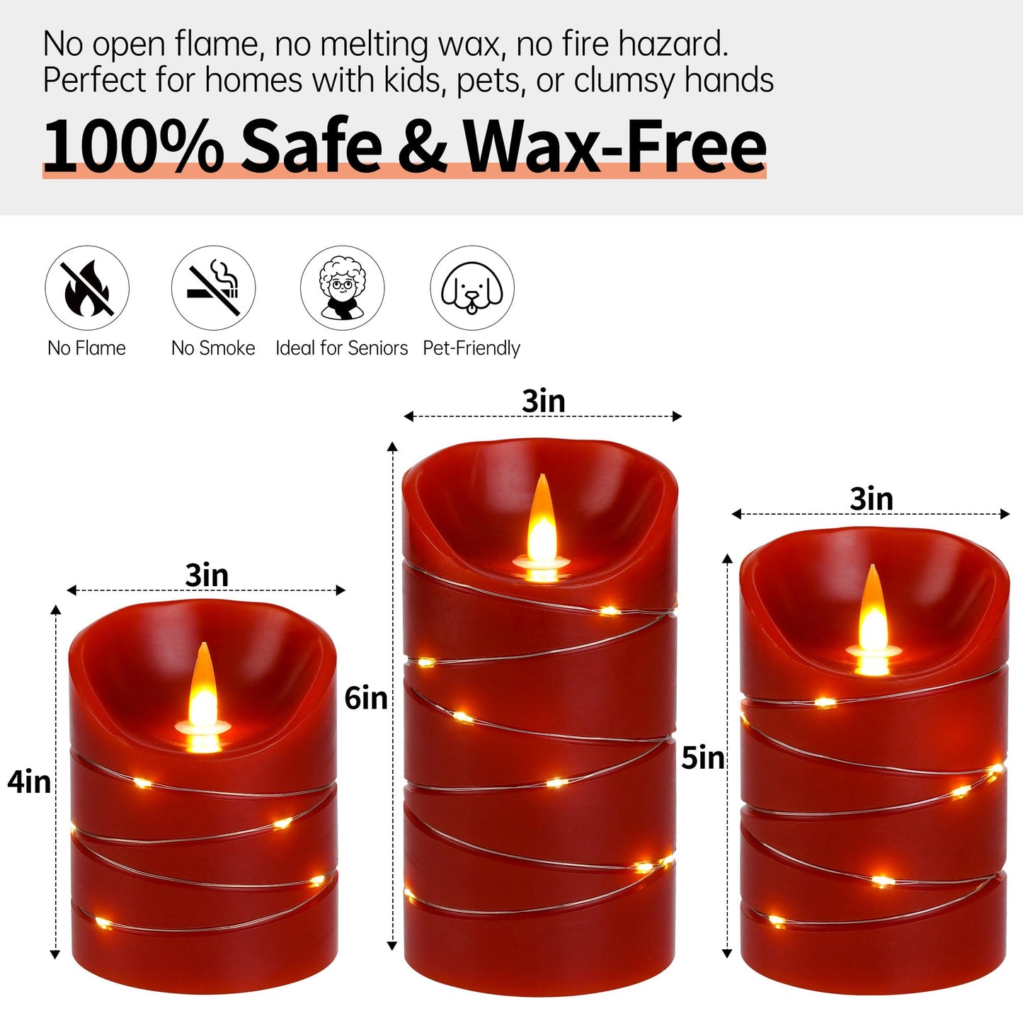 Red Rechargeable LED Flameless Candles 3-Piece Set (4/5/6 Inches) - Real Wax with String Lights, Remote Control & Timer, Safe Realistic Flames for Christmas/Halloween Holiday Home Decorations