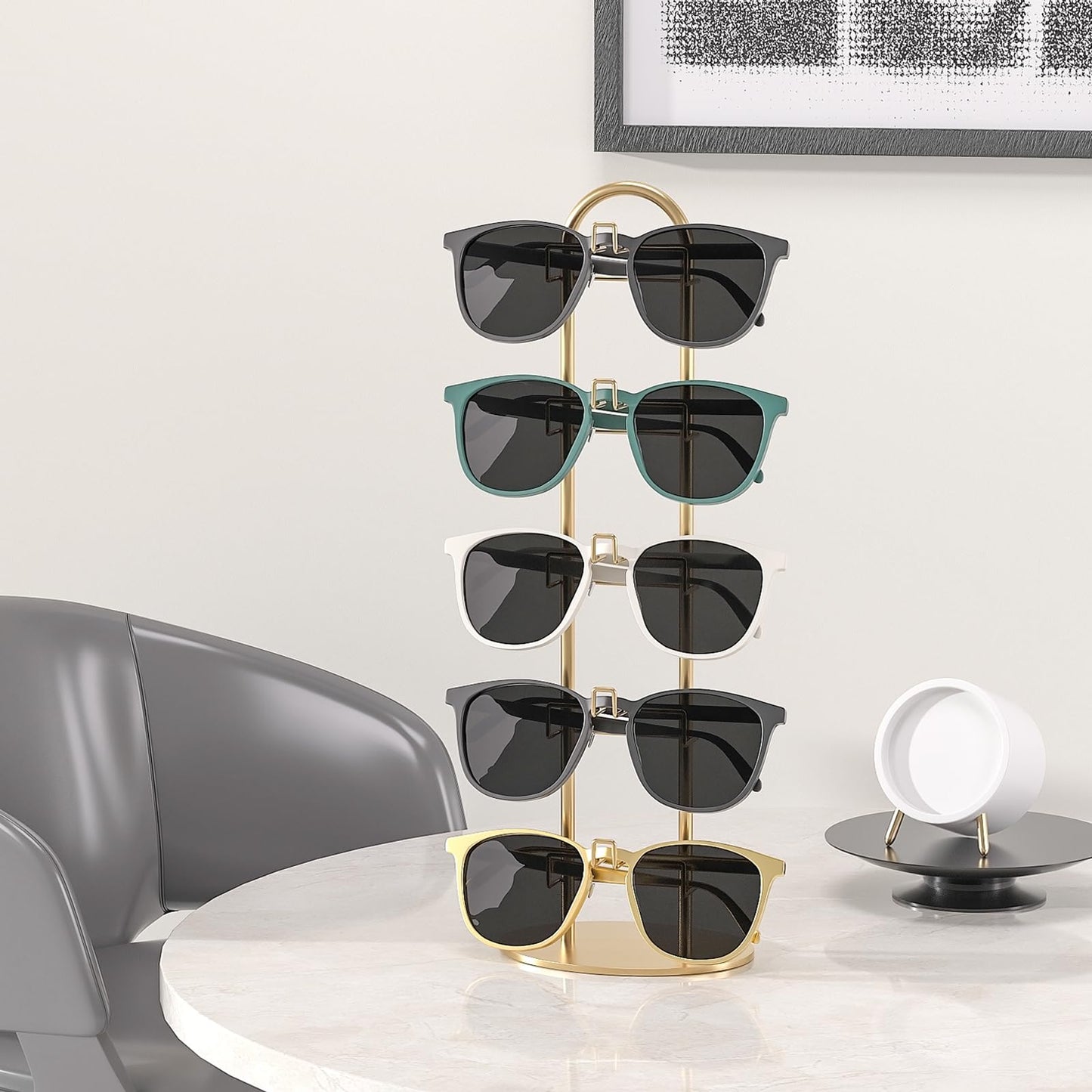 LongMen Metal Sunglass Organizer,Glasses Holder,Eyeglass Holder,Sunglass Storage Eyeglasses Rack Metal Frame for 5 Pairs (1, Gloden)