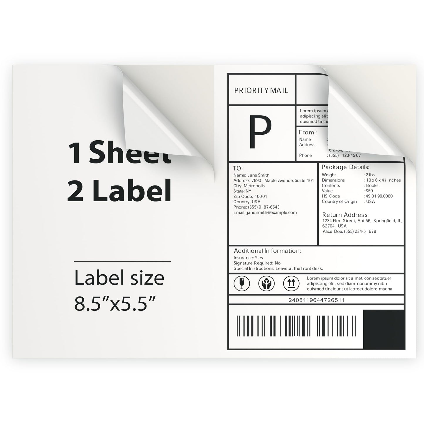 100 Sheet (200 Labels) | 8.5" x 11" 2 UP Half Sheet Self Adhesive Shipping Labels for Laser & Inkjet Printers | Ecommerce, Address, Mailing, Labeling, Packaging