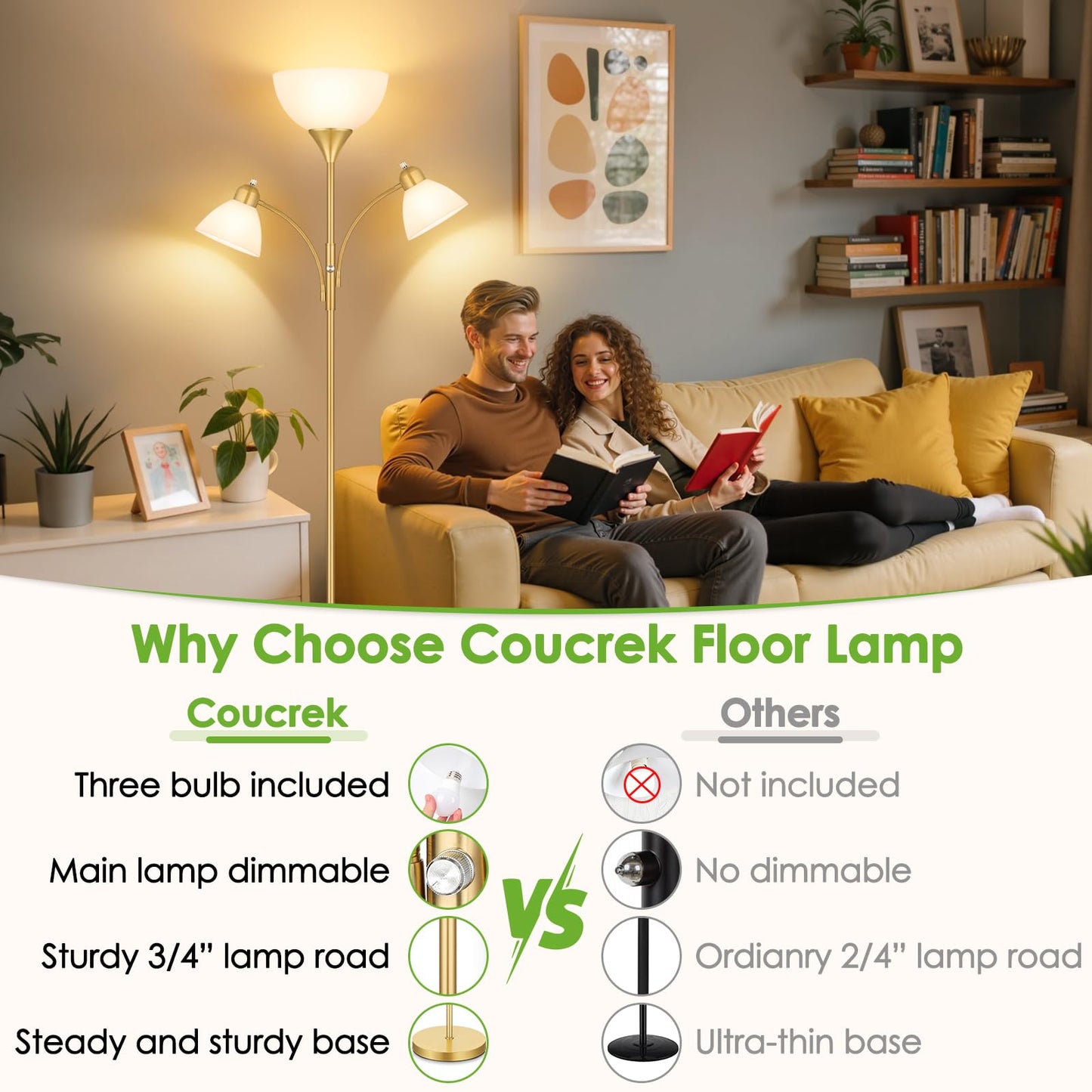 Coucrek Floor Lamp with 2 Reading Lights, 72in Dimmable Torchiere, Gold, Model HD-FL8001, Metal, 3 Bulbs Included
