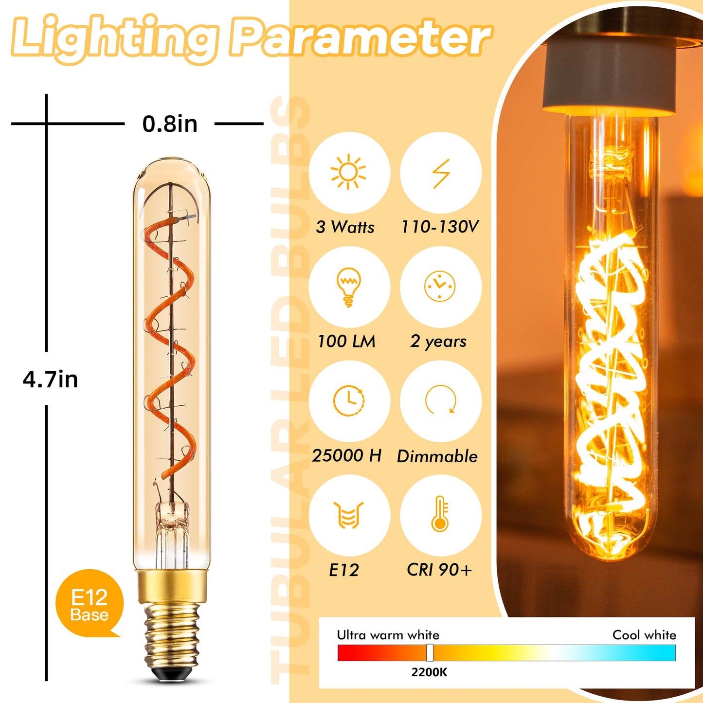 Grensk E12 Candelabra Tubular Led Light Bulbs T20 3W Edison Chandelier Light Bulb Equivalent To 25W 2200K Warm Light Amber Vintage Filament Bulb For Home Or Commercial Lighting Non-Dimmable 6Pcs