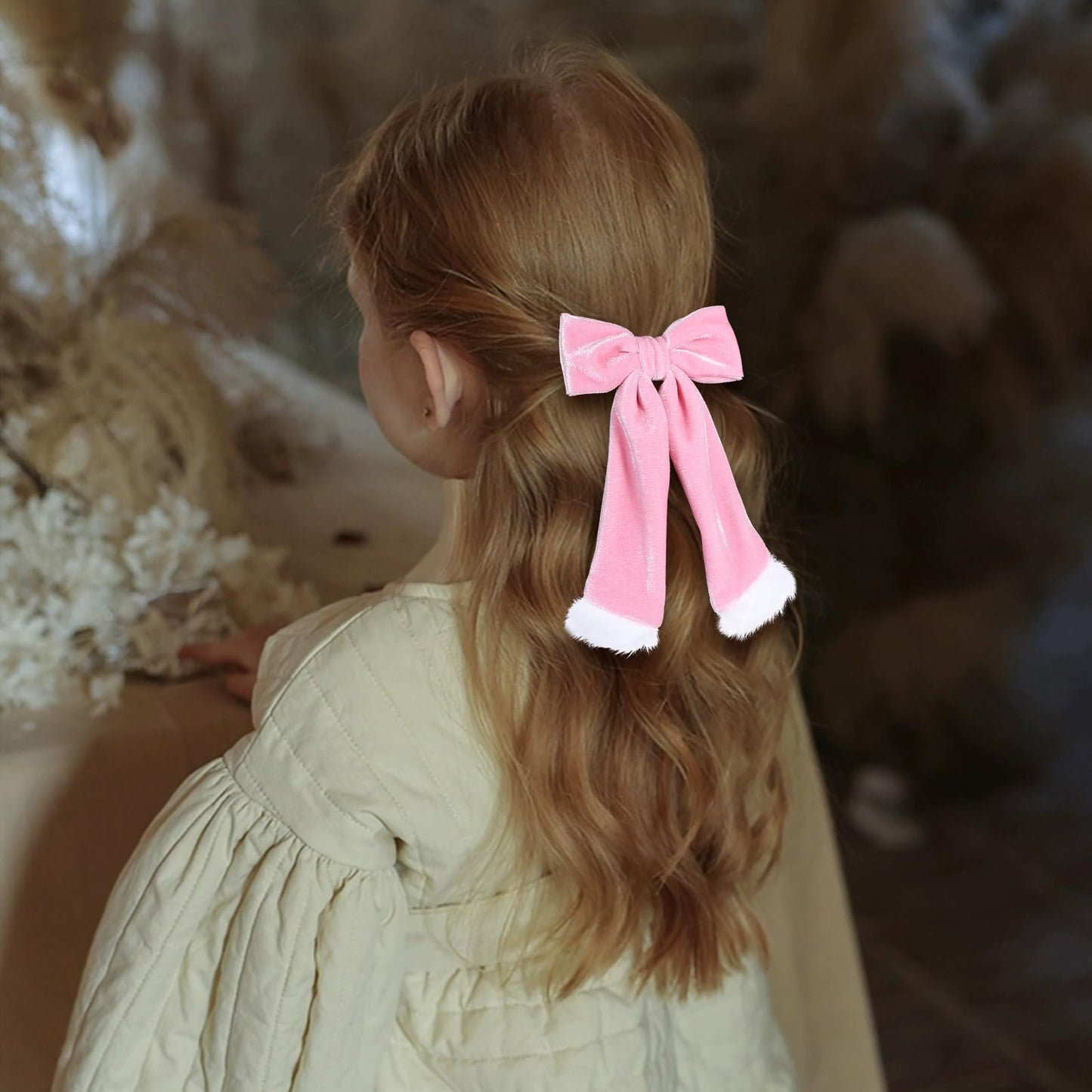 Velvet Bow Hair Clips 3.7 Inch Ponytail Holder Hair Bows Handmade Fall Winter Christmas Alligator Hair Accessories with White Fl