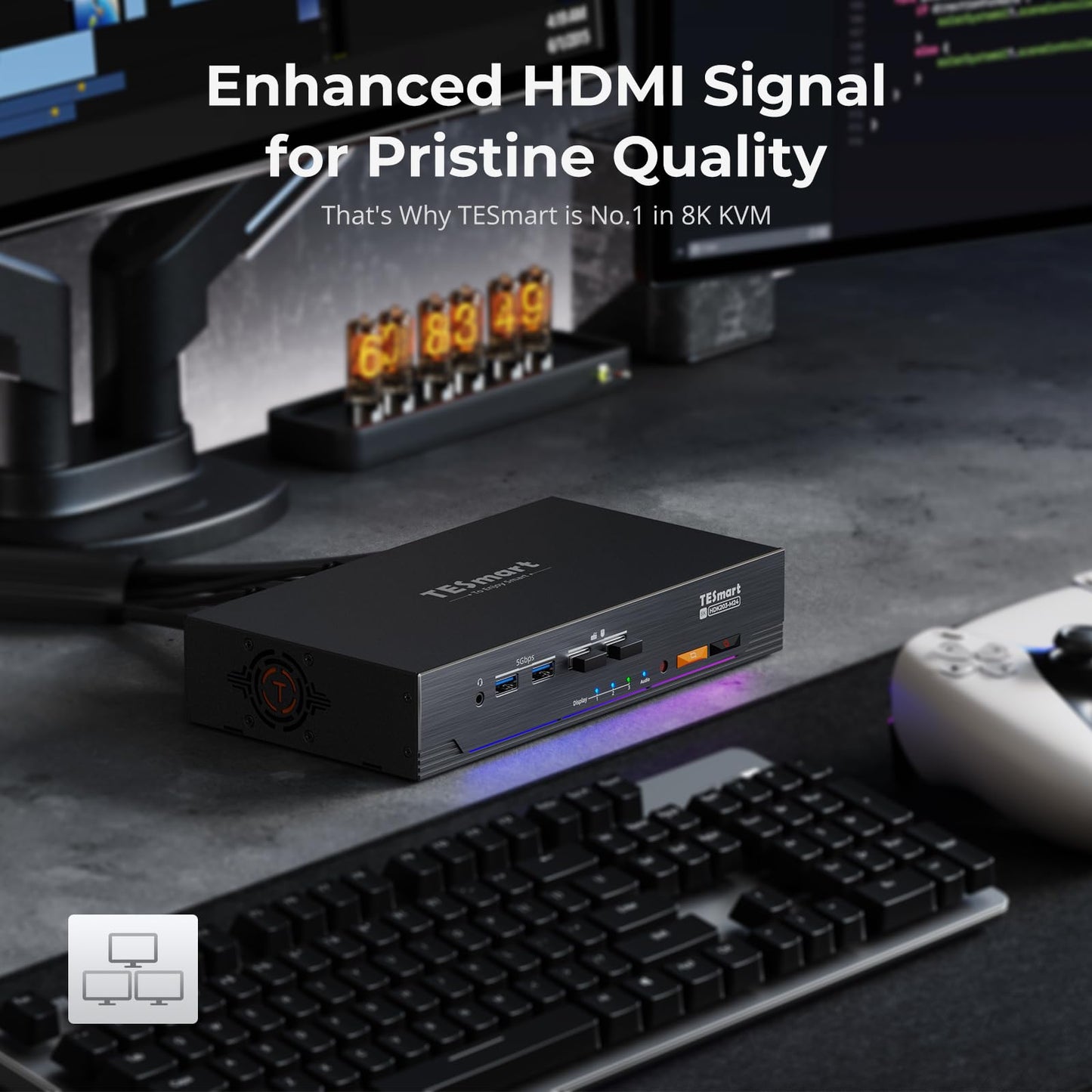TESmart 4K@144Hz Displayport + HDMI KVM Switch 3 Monitors 2 Computers USB 3.0, HDMI 2.1&DP 1.4 KVM Switch Triple Monitors 8K@60Hz Gaming, Support EDID, Gigabit Network, VRR, All Input Cables Included