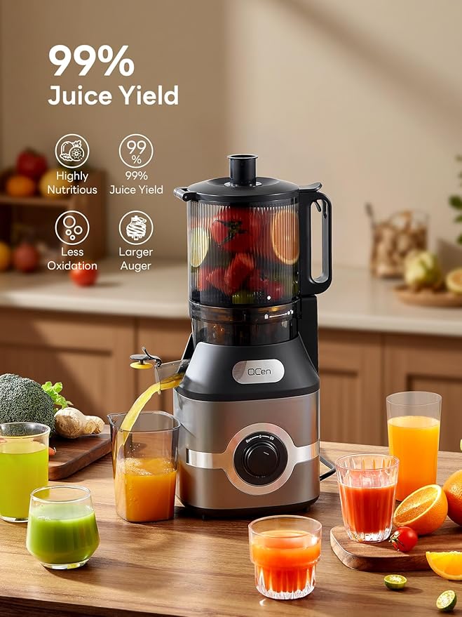 QCen Cold Press Juicer, 5.5” Wide Feed Chute Slow Masticating Juicer Machine for Whole Fruits and Vegetables, Easy to Clean (Gray)