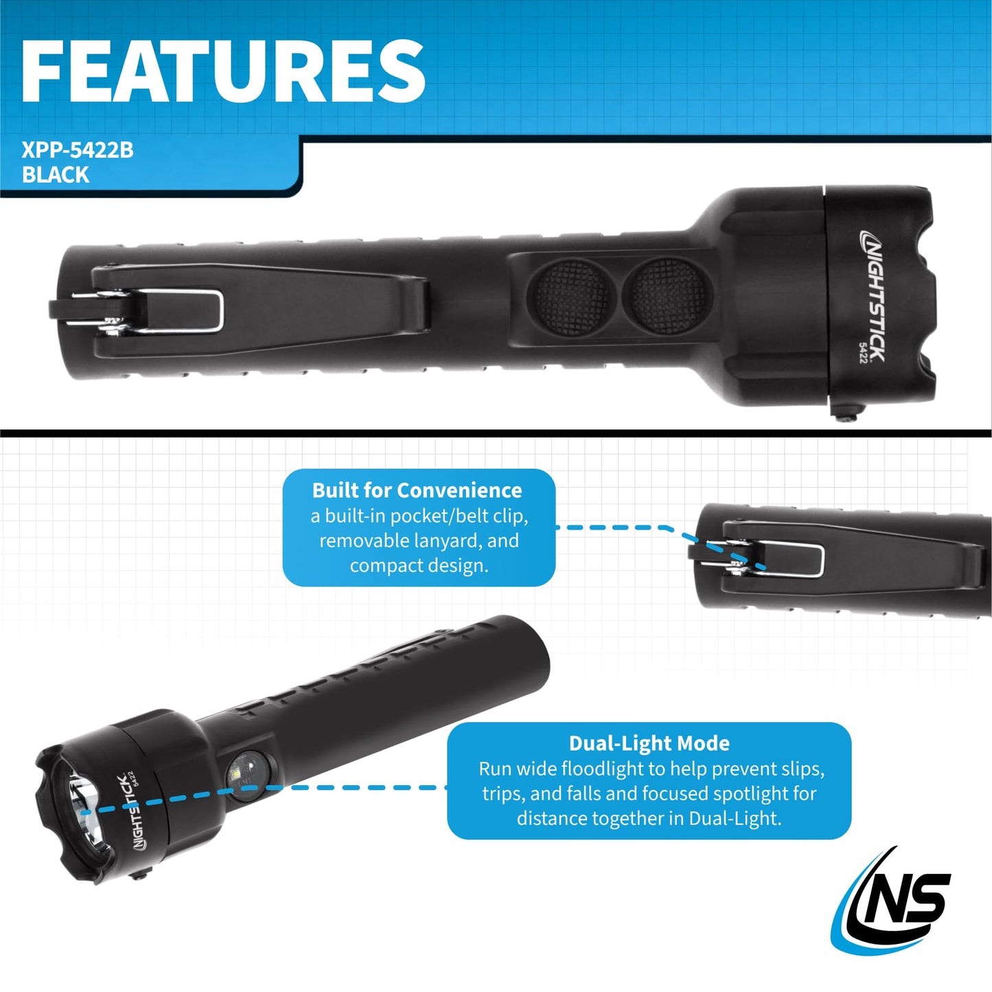 Nightstick XPP-5422B Dual-Light Flashlight, 178mm, Intrinsically Safe, Black