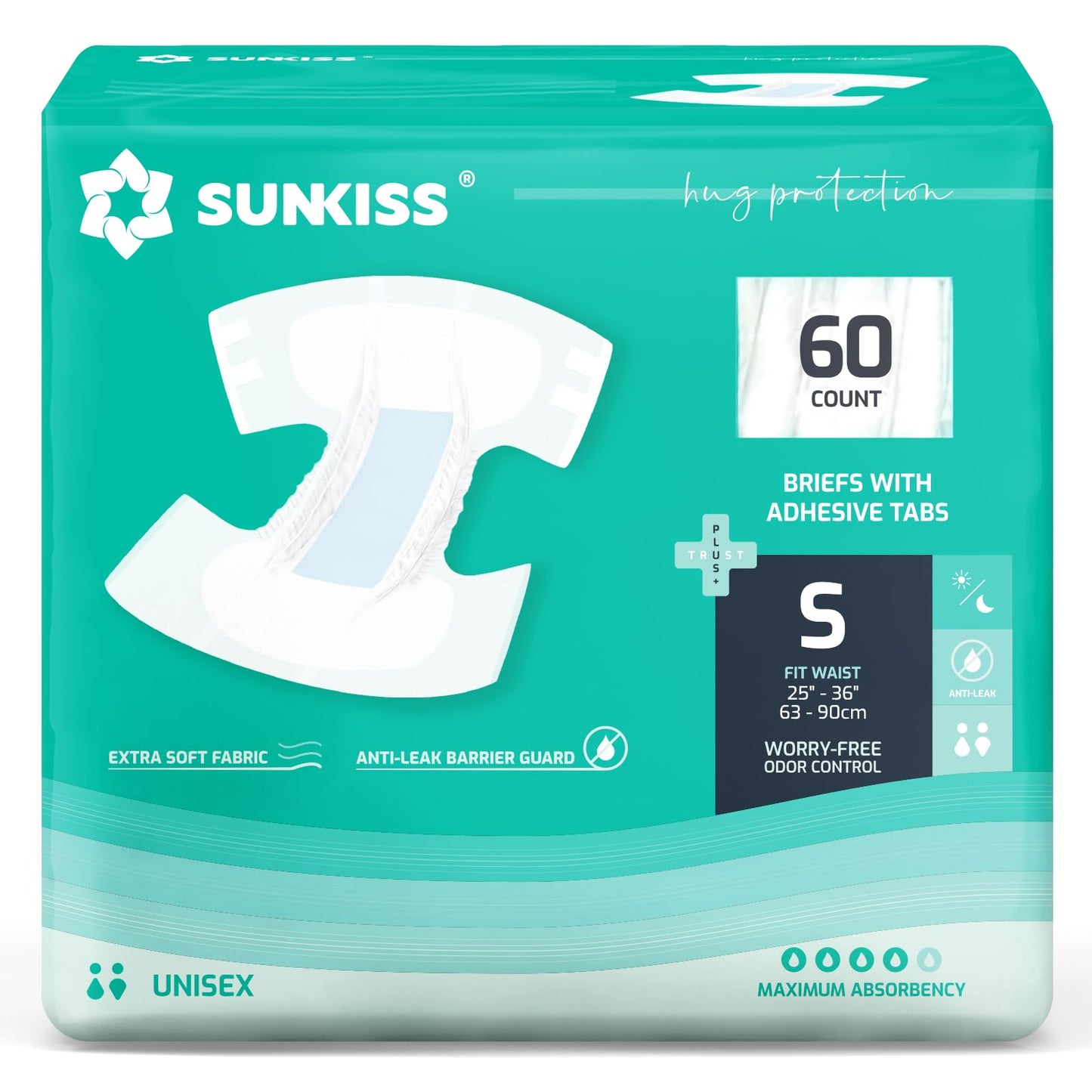 SUNKISS TrustPlus Adult Diapers with Maximum Absorbency, Unisex Disposable Incontinence Briefs with Tabs for Men and Women, Odor Control, Small, Previously XSmall, 60 Count (4 Packs of 15)