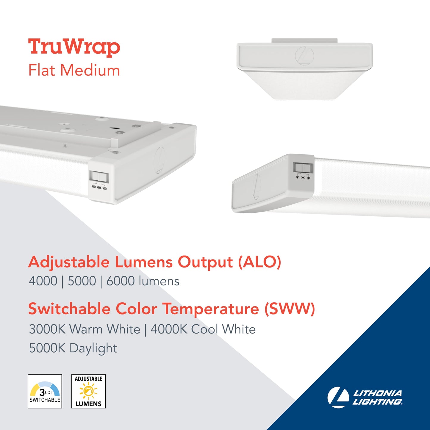 Lithonia Lighting Truwrap 4 Foot Led Ceiling Light Fixture  Low-Profile Wraparound Led Shop Light  Adjustable Lumens  Selectable Warm White/Cool White/Daylight Color  Flat Diffuser  Medium Width