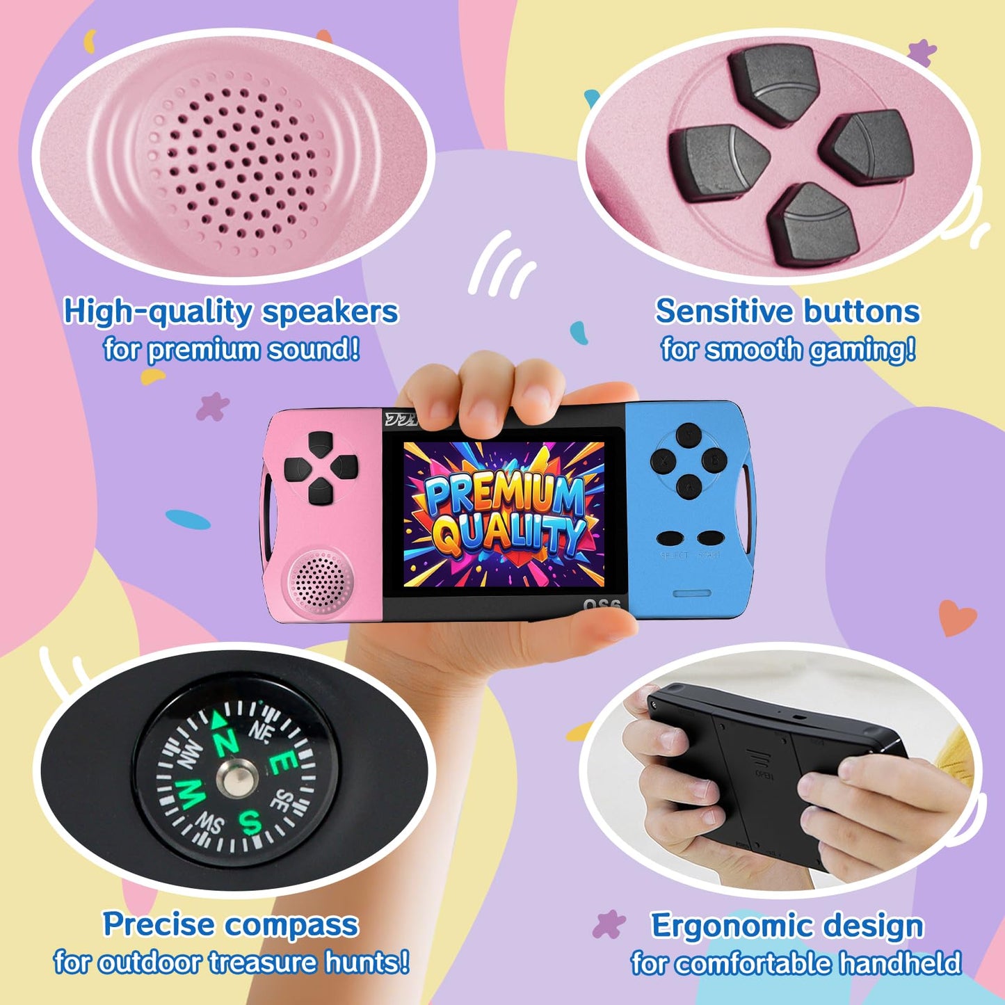 16 Bit Handheld Games for Kids with 3.2" IPS Large Screen Built-in 216 Retro Video Games Portable Gaming Player with Rechargeable Battery Mini Arcade Electronic Toy Gifts for Boys Girls (Blue+Pink)