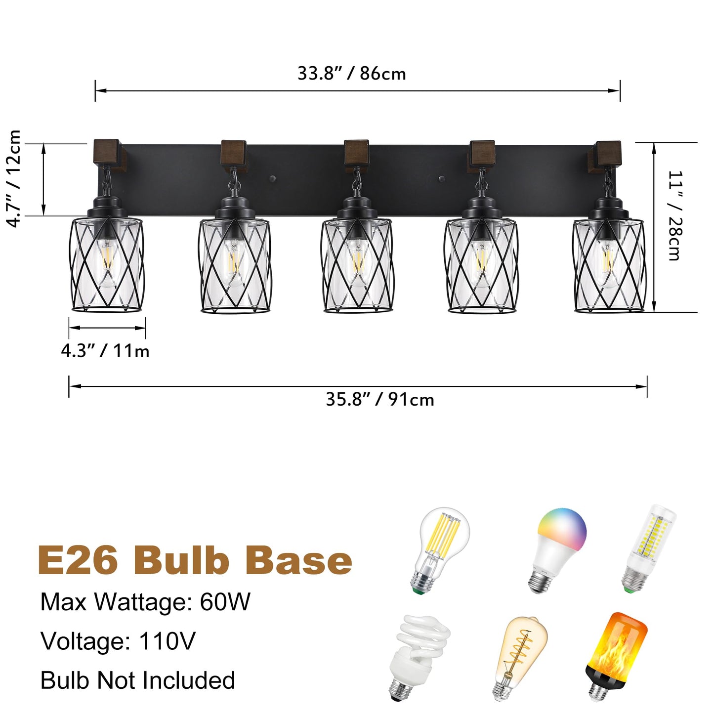 Farmhouse Bathroom Light Fixtures  5 Light Bathroom Vanity Light With Metal And Glass Lampshade  Wood Rustic Lighting Fixtures Over Mirror  Black Wall Sconces For Living Room  Bedroom