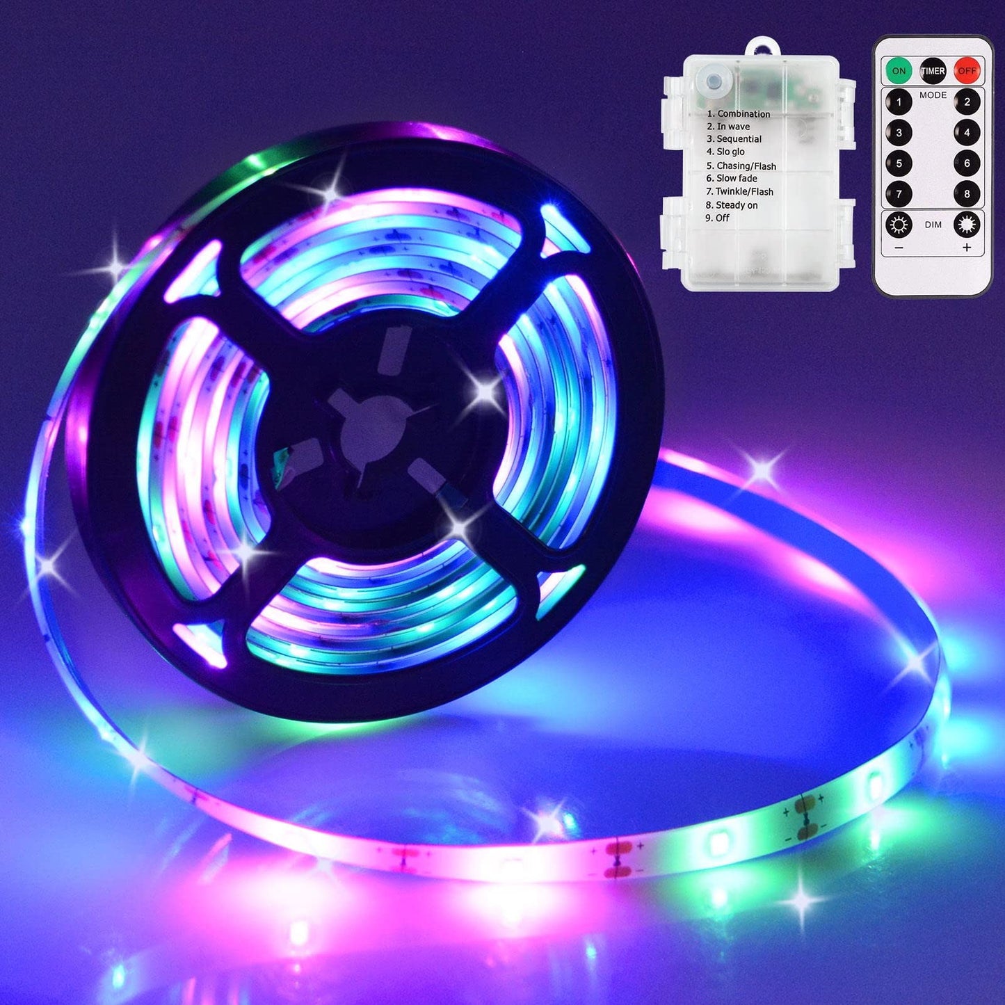 Smart Direct Rgb Led Strip Lights, 9.8Ft, 90 Leds, Battery Operated, Waterproof, Multicolor, Remote Timer, Dimmable For Indoor/Outdoor Use