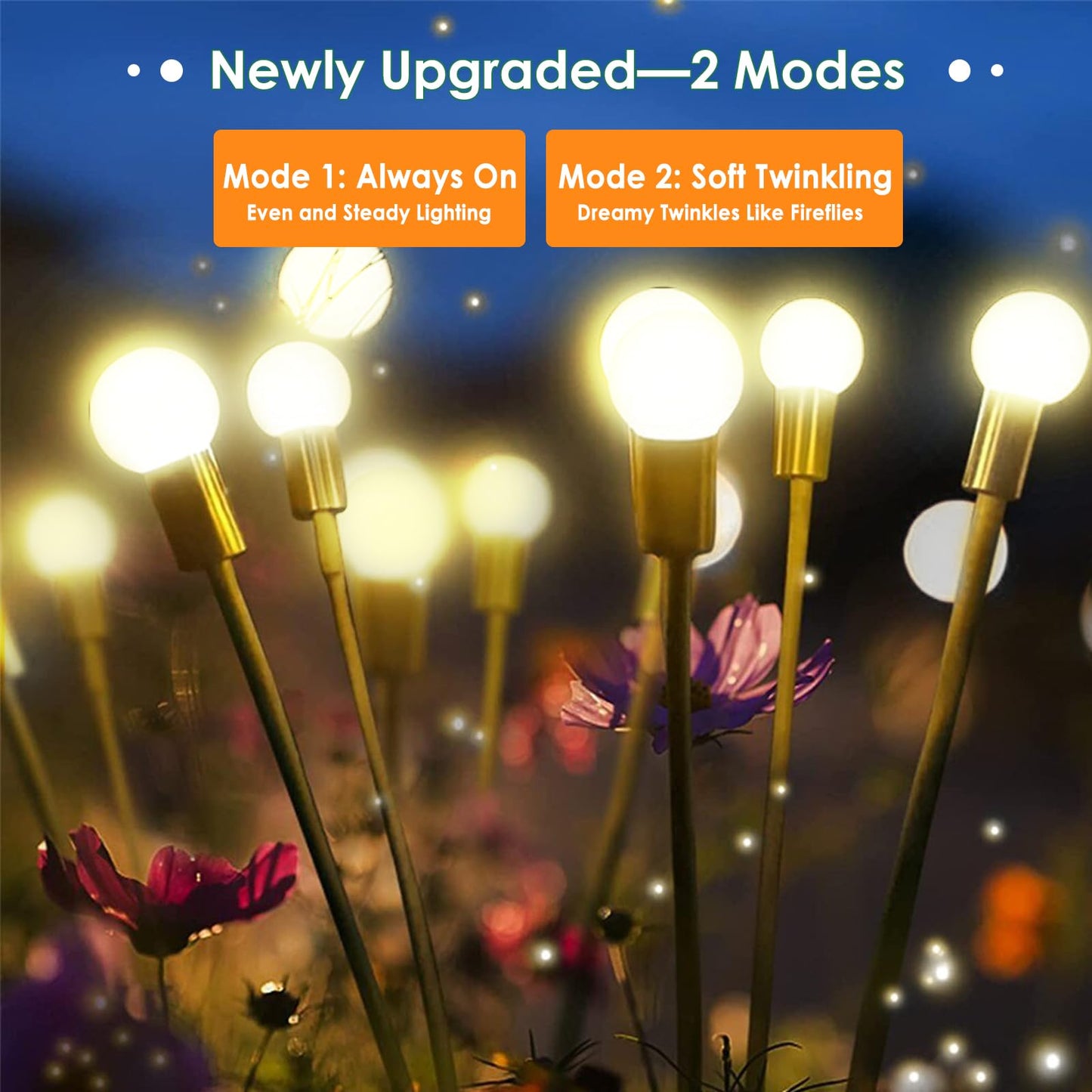 YIQU Solar Firefly Lights, 8 Pack, 64LED Waterproof Garden Lights, Warm White, Outdoor Lighting with 2 Modes for Yard and Patio