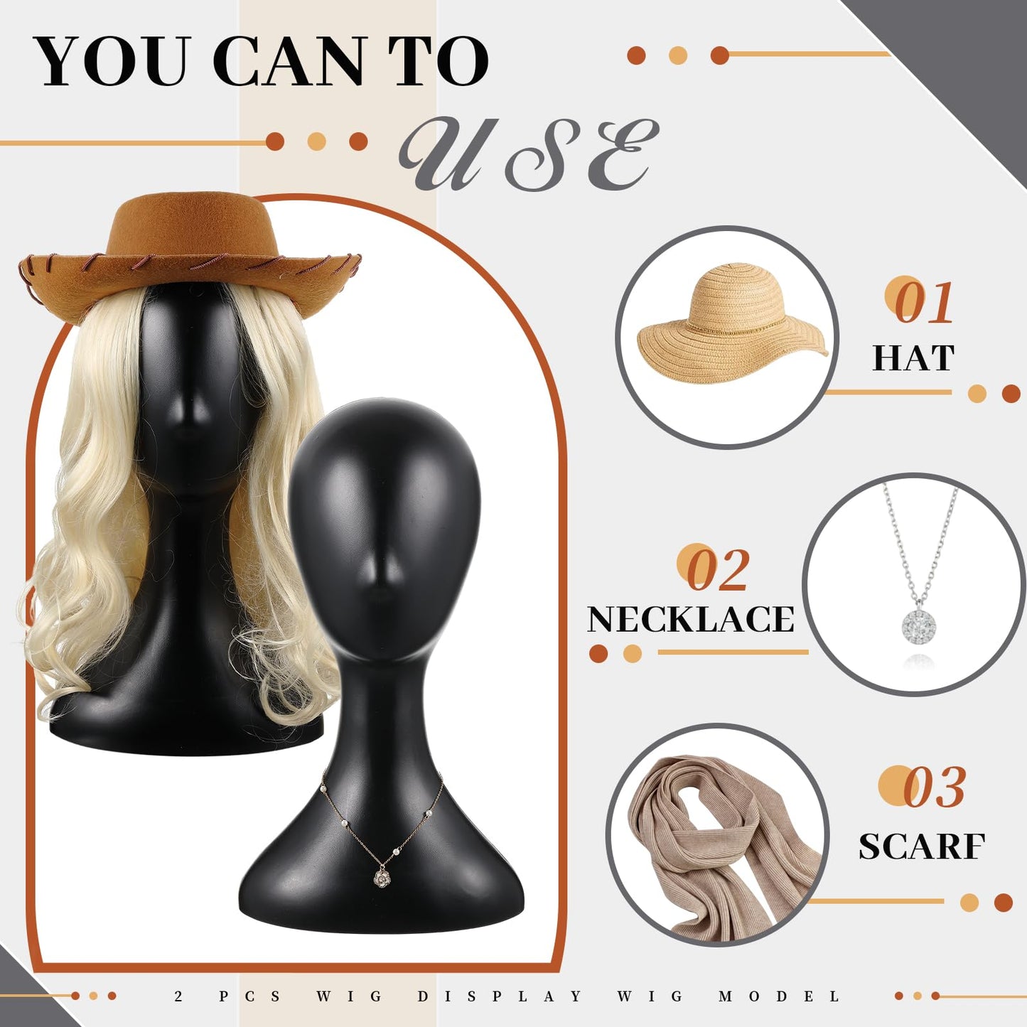 Leinuosen 2 Pcs 16 Inch Professional Mannequin Head Plastic, Realistic Durable Women Model Torso Styling for Wig, Making Styling