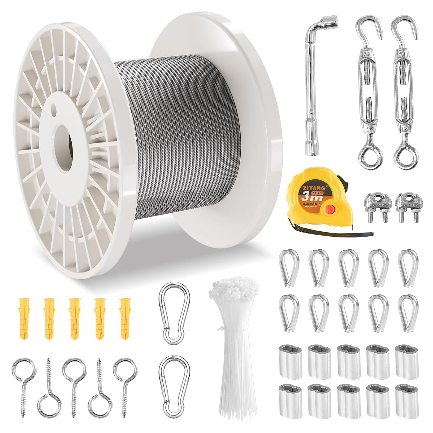 VEVOR 1/8 Wire Rope Kit, 100 FT Vinyl Coated 304 Stainless Steel Cable with 59 Accessories, Turnbuckles, 650 lbs Breaking Strength, Marine Aircraft Grade for Handrail Stair Decking Fence Outdoors