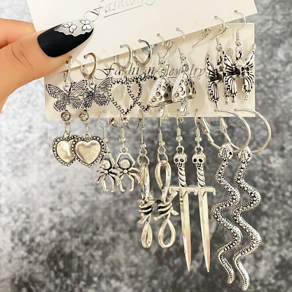 Halloween Gothic Earrings Set, Metal Punk Goth Vintage Silver Snake Spider Butterfly Dagger Dangle Drop Earrings for Women, Grunge Y2K Emo Jewelry Pack Party Costume Accessories (Style1)