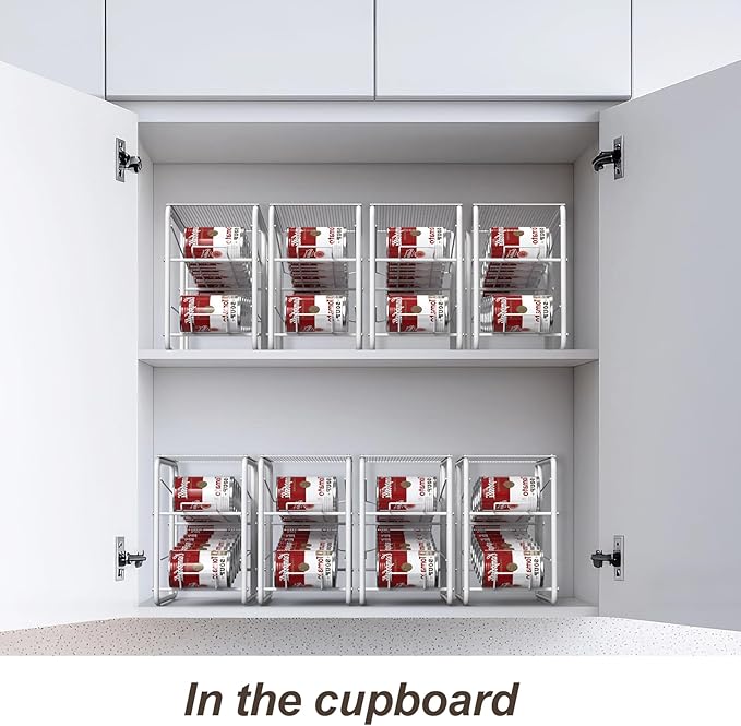 4 Pack Soda Can Organizer, Stackable Metal Can Dispenser for Pantry, Automatic Rolling Canned Food Organizer for Cabinet and Countertop, White.