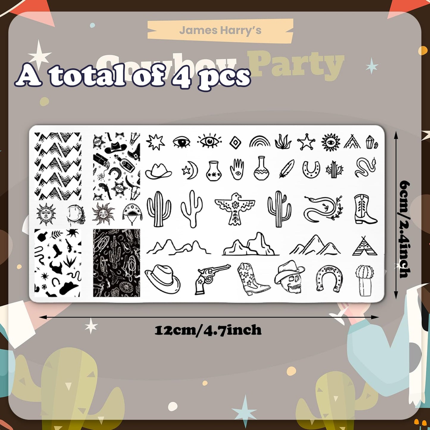 JarThenaAMCS 4Pcs Western Nail Plates Stamping Set Cowboy Cowgirl Stamp Templates Nail Art Plates for DIY Print Manicure Salon D