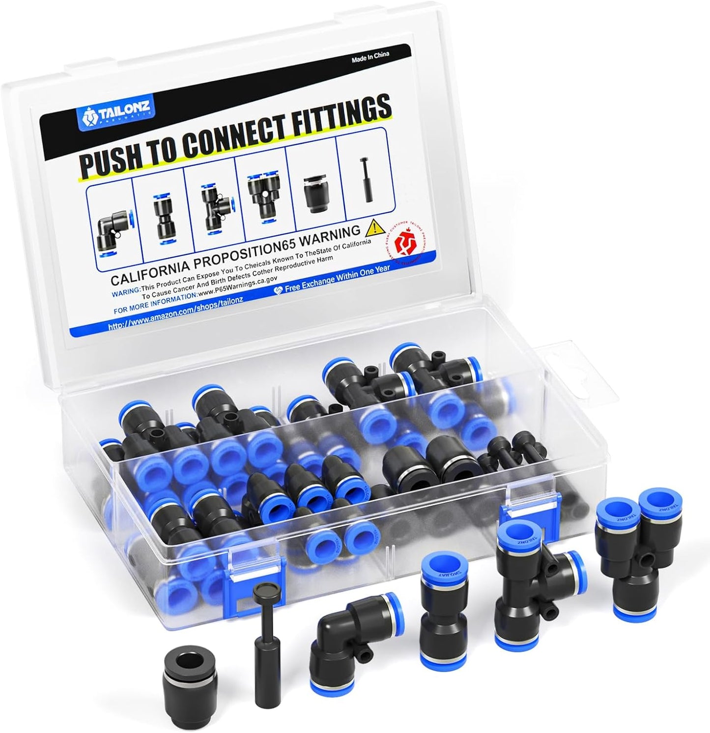 TAILONZ PNEUMATIC 5/16 Inch od Push to Connect Fittings Pneumatic Fittings Kit 10 Spliters+10 Elbows+10 tee+10 Straight+10 PPF+10 PP (60 pcs)
