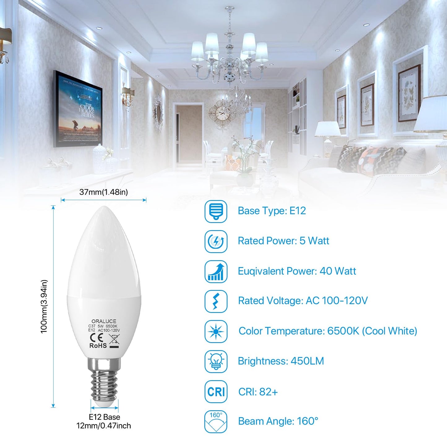 ORALUCE E12 LED Candelabra Light Bulbs, 5W 450LM, 6500K Cool White, Non-dimmable, 6 Count, Plastic