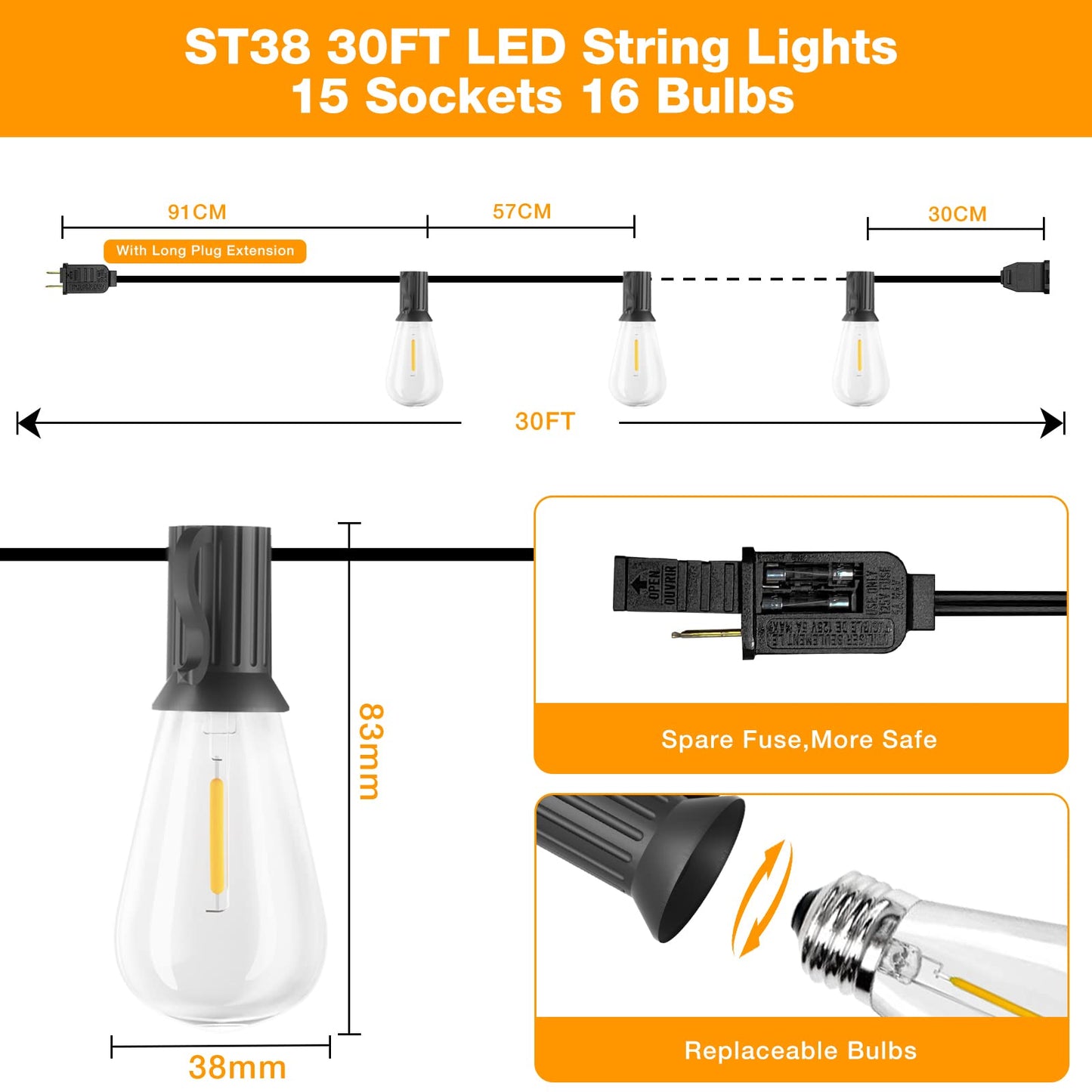 Gluroo 30Ft Outdoor String Lights - 15+1 Vintage Bulbs, Waterproof, Shatterproof, Energy Saving, Black, For Patio, Backyard, Camping