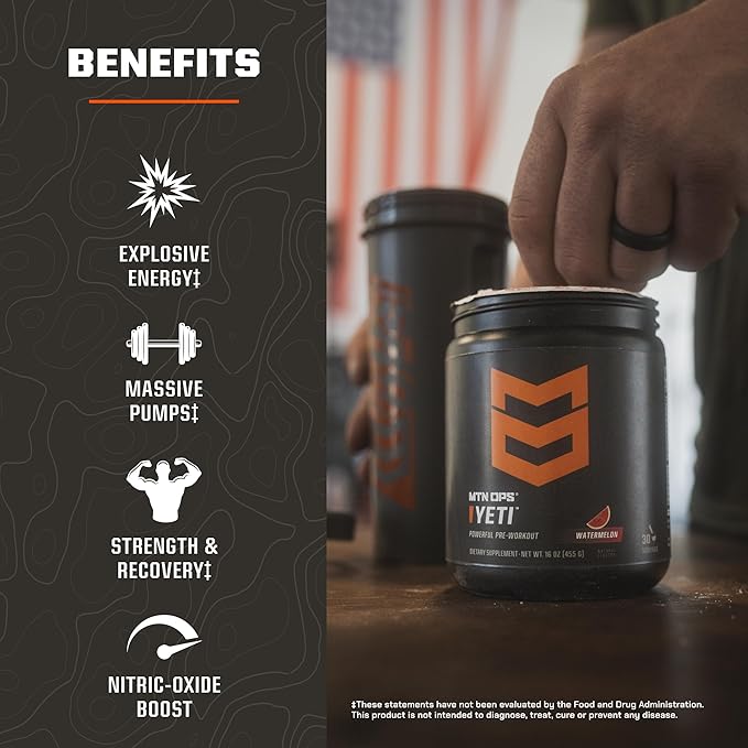 MTN OPS Yeti Pre-Workout Powder Energy Drink with Creatine, 200mg Caffeine & BCAAs with Beta Alanine, 30-Serving Tub, Blue Raspberry