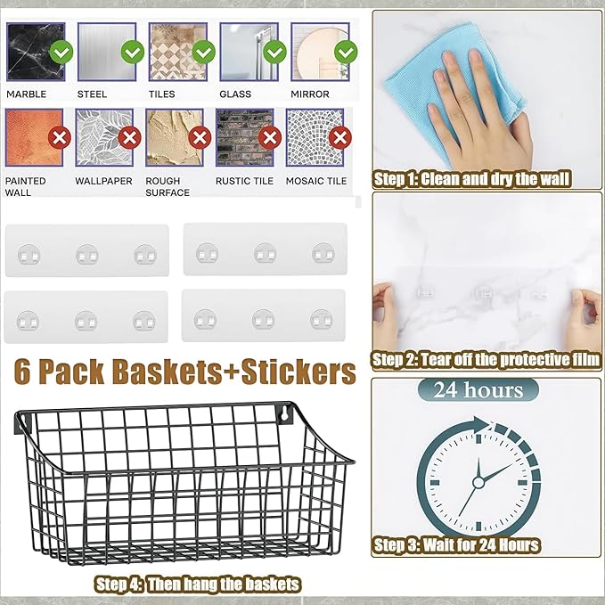 Sonyabecca 6 Pack Hanging Wall Basket for Organizing, EXTRA Large Wire Basket for Pantry with 5 S Hook+6 Adhesive Hook, Wall Mounted Shelf for Kitchen,Bedroom, Bathroom RV,Garage Organization& Storage