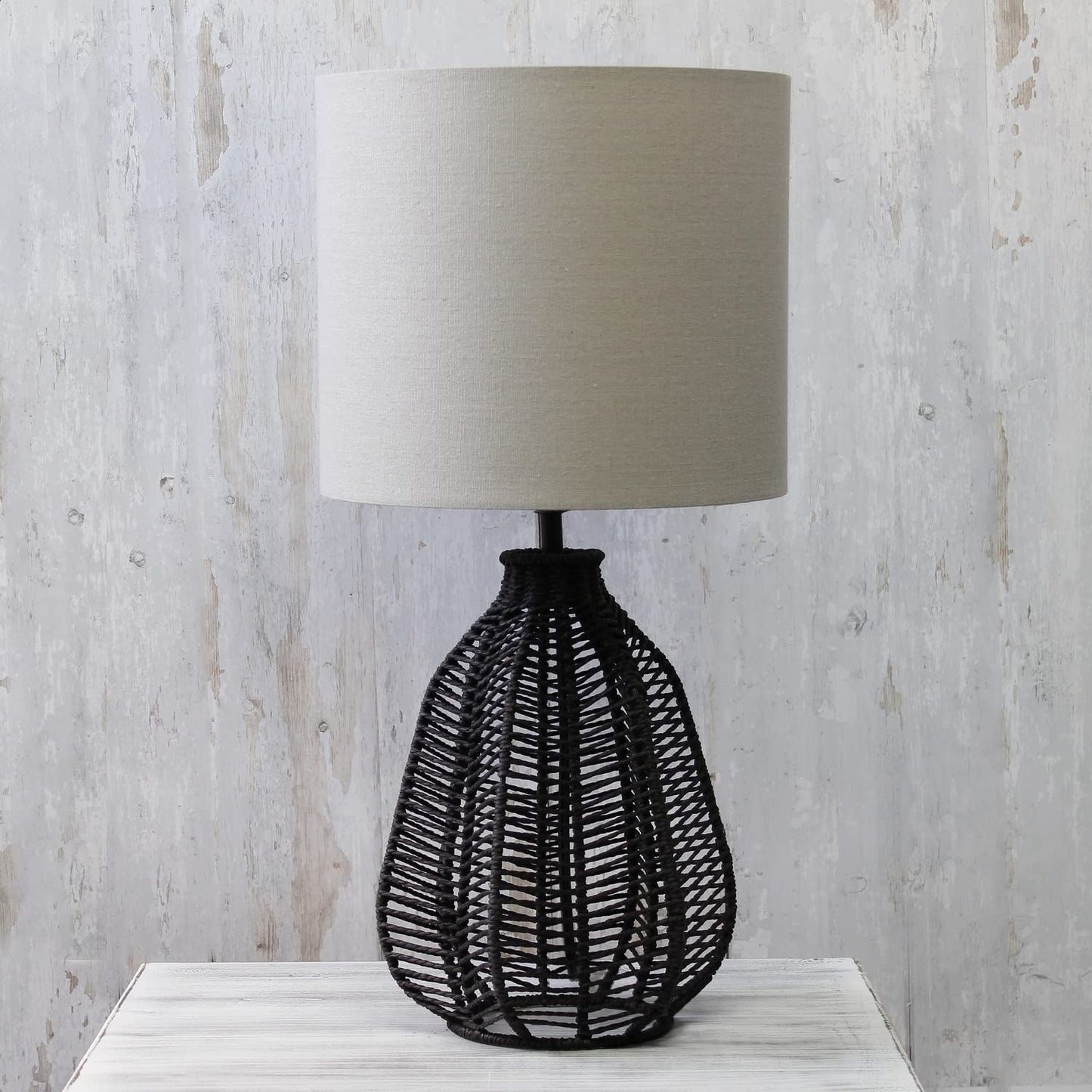 Elegant Designs Table Lamp, 21in Tall, Black/Light Gray, Paper Rope Rattan, Model LT2106-BLK