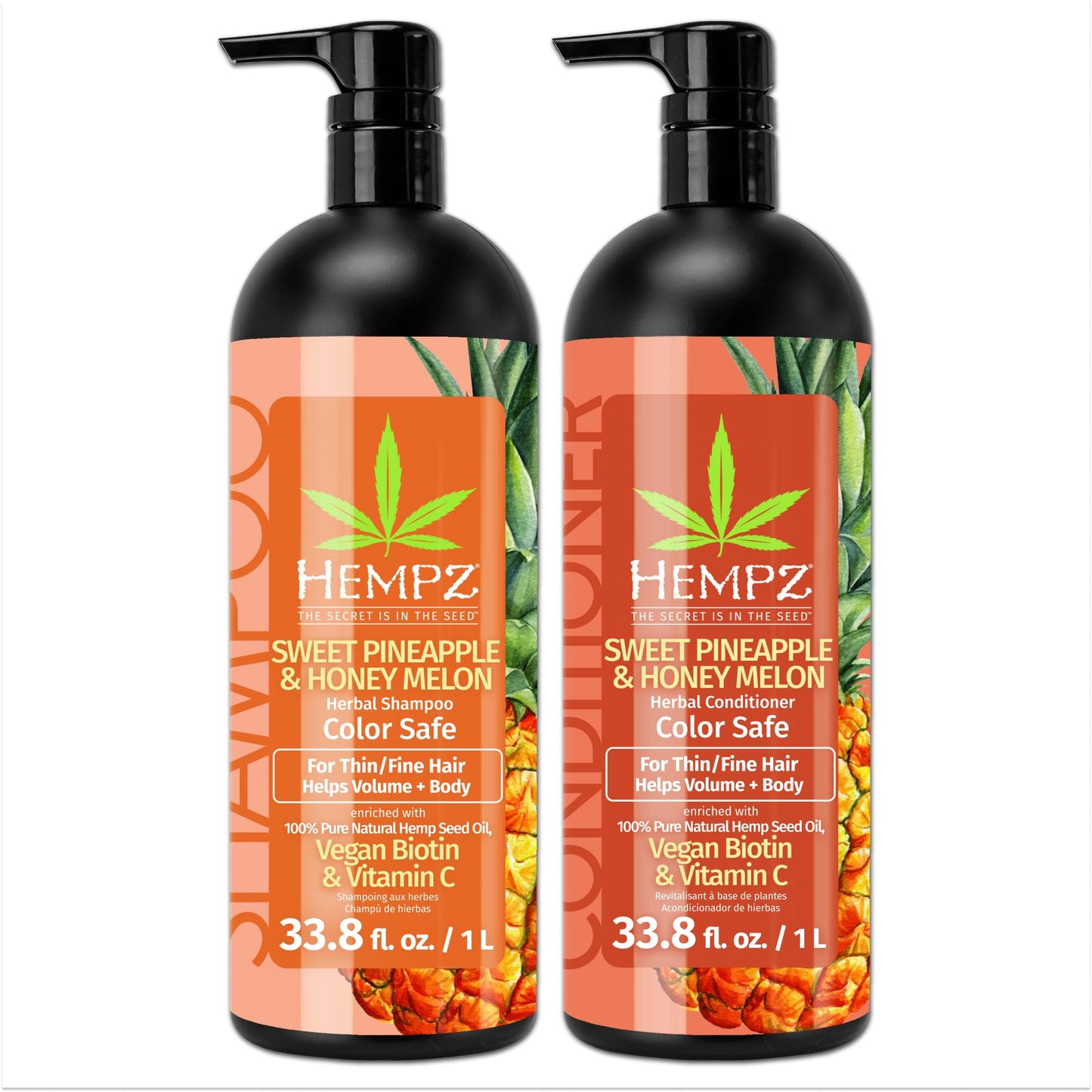 HEMPZ Hair Shampoo & Conditioner Set - Sweet Pineapple & Honey Melon Scent for Thin/Fine Dry, Damaged and Color Treated Hair, Hy