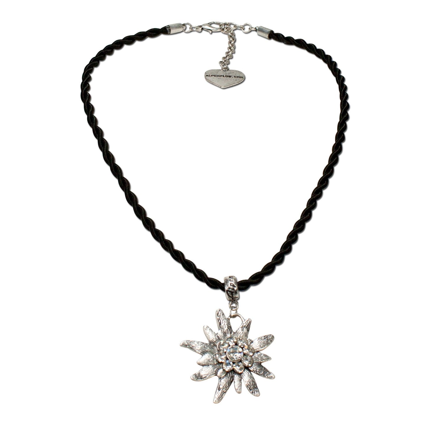 Alpenflstern Bavarian drawstring cord necklace with rhinestone Edelweiss, Ladies costume jewelry, traditional german pendant nec
