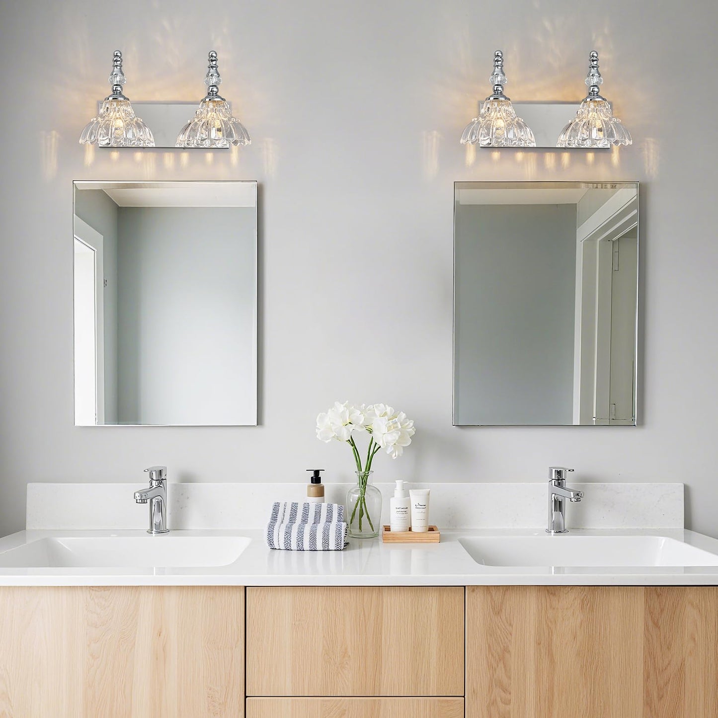 Lbsqj Vintage Bathroom Vanity Light  2-Light Chrome Vanity Lighting Fixture With Flower Glass Shade  Bathroom Lighting Fixtures Over Mirror