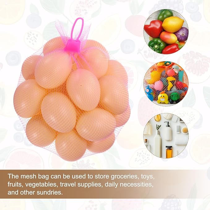 uxcell 100Pcs Reusable Produce Mesh Bags, 35cm Mesh Nylon Netting with Loop-Style Closures, Stretchable Egg Hatching Bags for Fruit Vegetable Storage, Pink