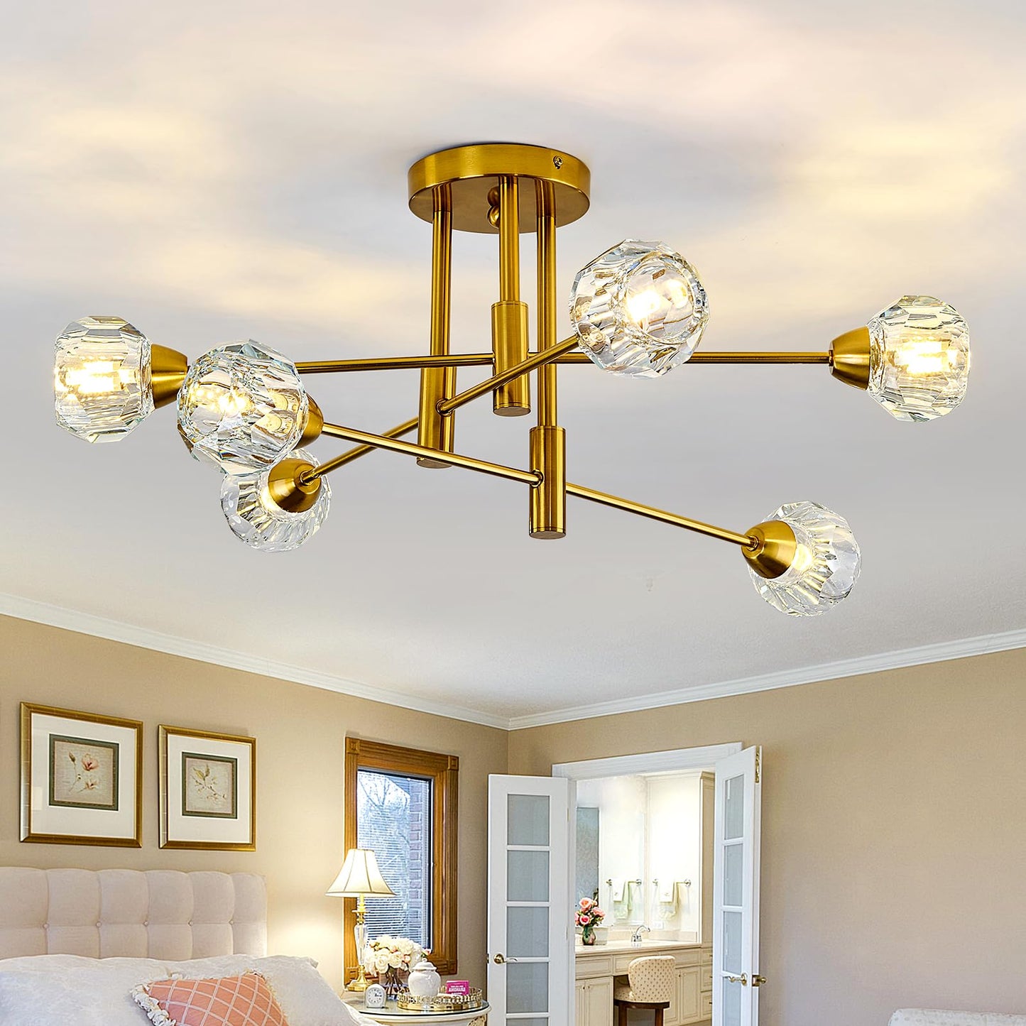 Szxykeji 6-Lights Glass Sputnik Chandelier Vintage Flush Mount Ceiling Light Fixture Gold Farmhouse Lighting For Dining Room Living Room Bedroom Kitchen Passageway.